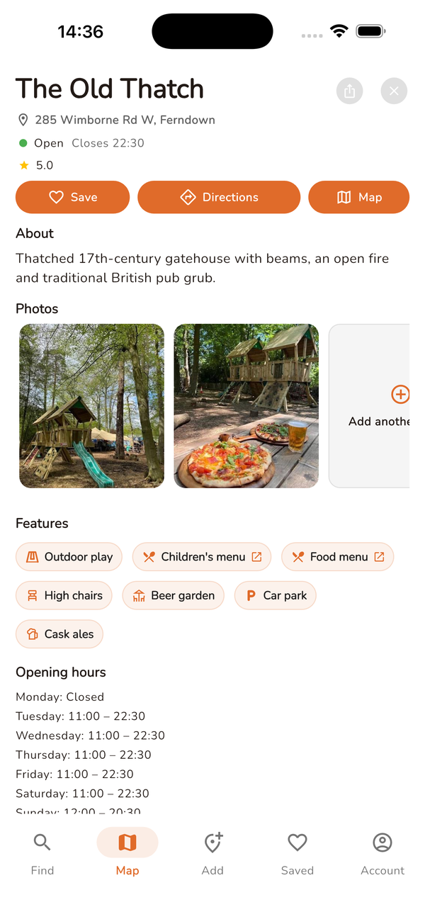 App screen showing a pub detail page with photos of the playground, opening hours and family facilities