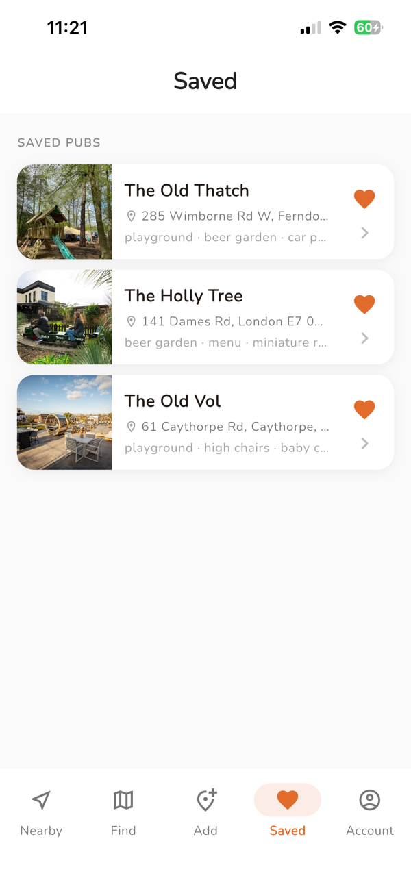 App screen showing saved favourite pubs